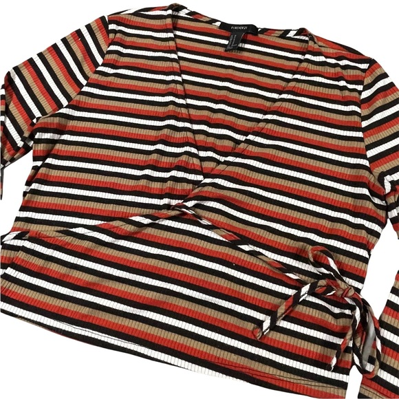 Forever21 size medium crop top tie front cardigan red, white, black, tan stripes - Picture 2 of 13